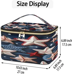 Travel Makeup Bag Cute Starfish PU Large Capacity Cosmetic Bag for Women Portable Cosmetic Bag with Handle for Girls Wedding Makeup Brushes