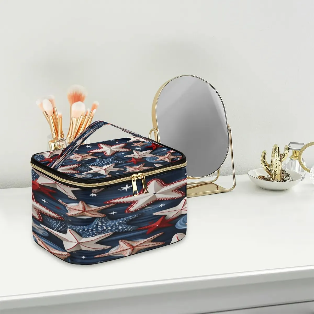Travel Makeup Bag Cute Starfish PU Large Capacity Cosmetic Bag for Women Portable Cosmetic Bag with Handle for Girls Wedding Makeup Brushes