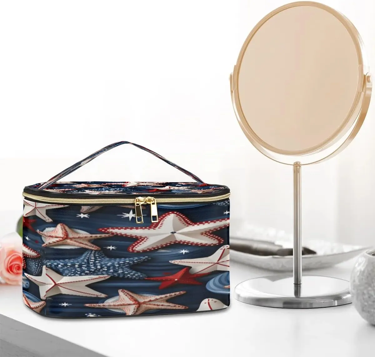 Travel Makeup Bag Cute Starfish PU Large Capacity Cosmetic Bag for Women Portable Cosmetic Bag with Handle for Girls Wedding Makeup Brushes