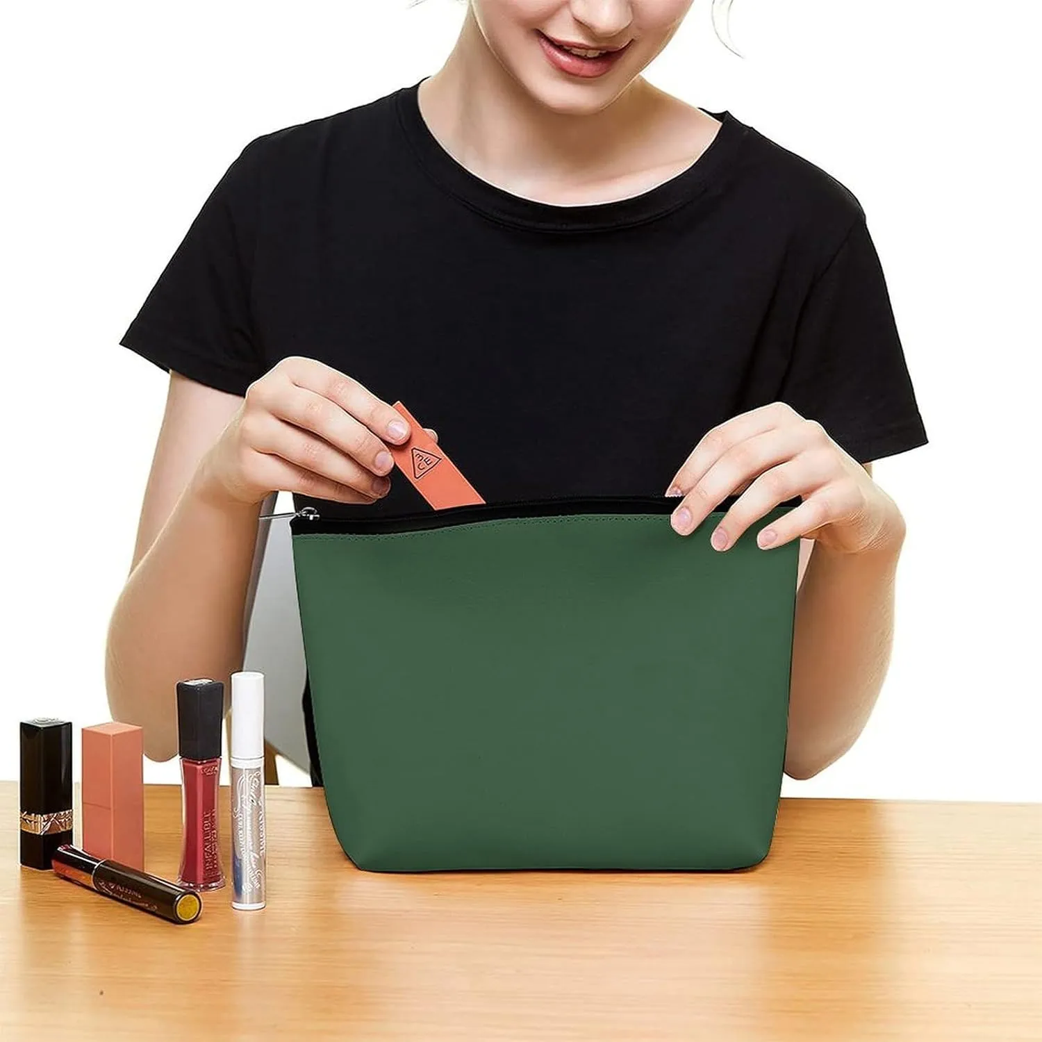 Travel Makeup Bag, Dark Green Solid Color Vivid Simple Cosmetic Bags for Women Large Capacity Waterproof Toiletry Pouch Make up Organizer