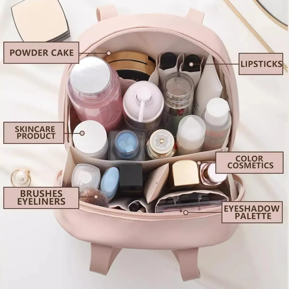 Travel Makeup Bag, Large Capacity Cosmetic Bag for Women, Fashion Portable Waterproof Toiletry Bag with Brush Compartment Makeup Storage Bag, White