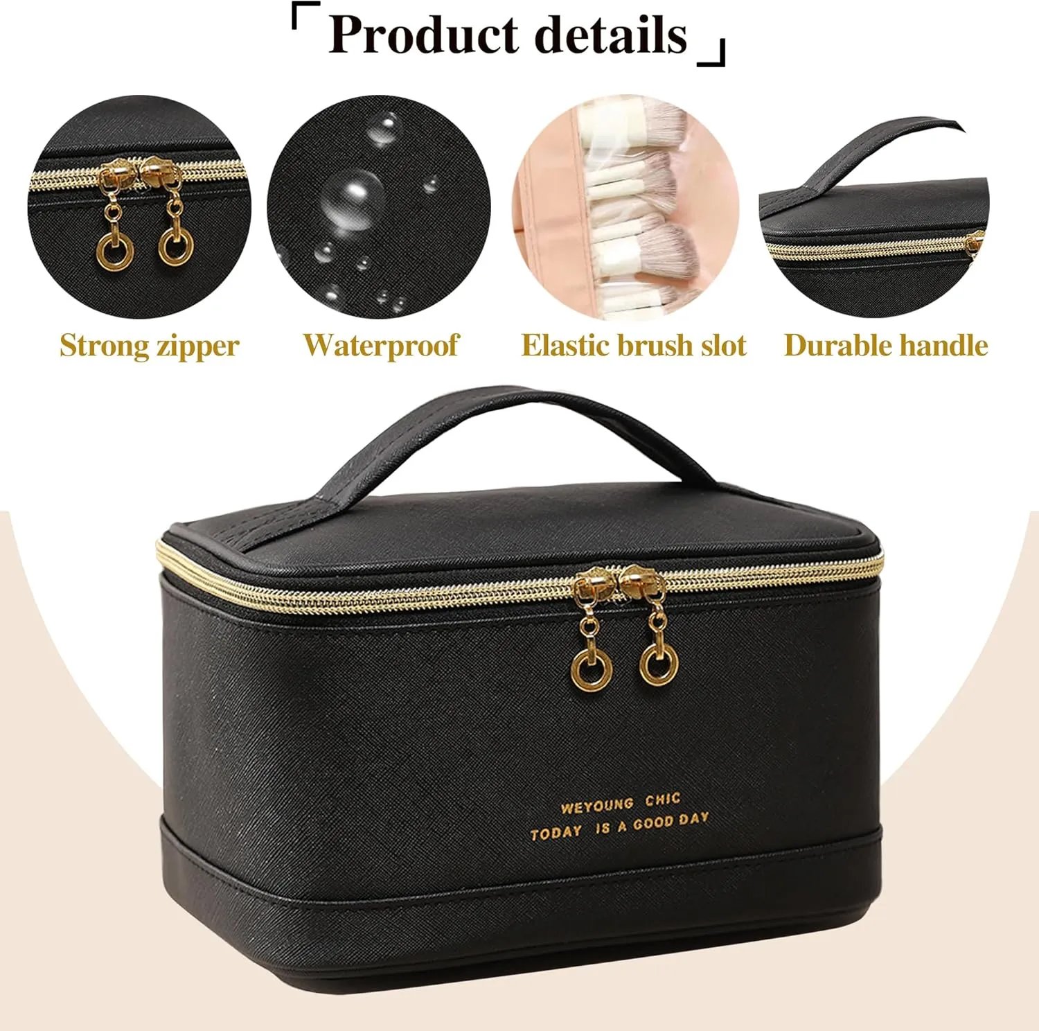 Travel Makeup Bag, Large Portable Cosmetic Bag, Waterproof PU Leather Makeup Bag Organizer for Women, Toiletry Bag with Handle and Brush Compartment for Cosmetics & Toiletries New(Black)