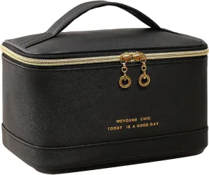 Travel Makeup Bag, Large Portable Cosmetic Bag, Waterproof PU Leather Makeup Bag Organizer for Women, Toiletry Bag with Handle and Brush Compartment for Cosmetics & Toiletries New(Black)
