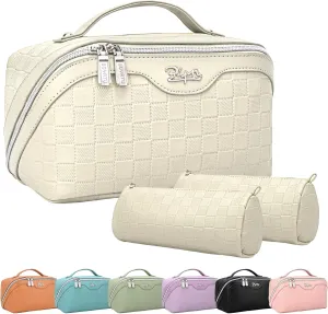Travel Makeup Bag Organizer Cosmetic Bag: 3 Pcs Set Make up Bags for Women with Handle - Waterproof Vegan Leather Toiletry Bags with Comparments (Beige)