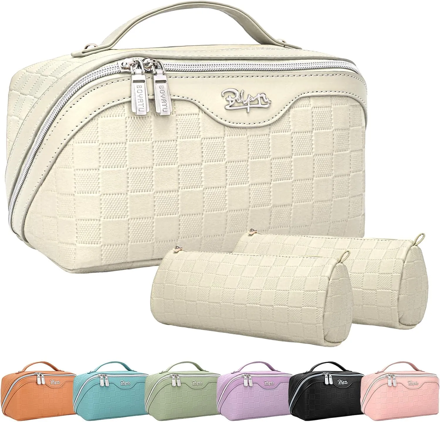 Travel Makeup Bag Organizer Cosmetic Bag: 3 Pcs Set Make up Bags for Women with Handle - Waterproof Vegan Leather Toiletry Bags with Comparments (Beige)