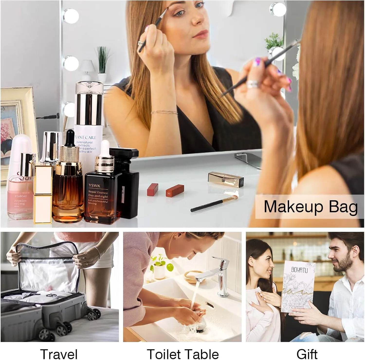 Travel Makeup Bag Organizer Cosmetic Bag: 3 Pcs Set Make up Bags for Women with Handle - Waterproof Vegan Leather Toiletry Bags with Comparments (Beige)