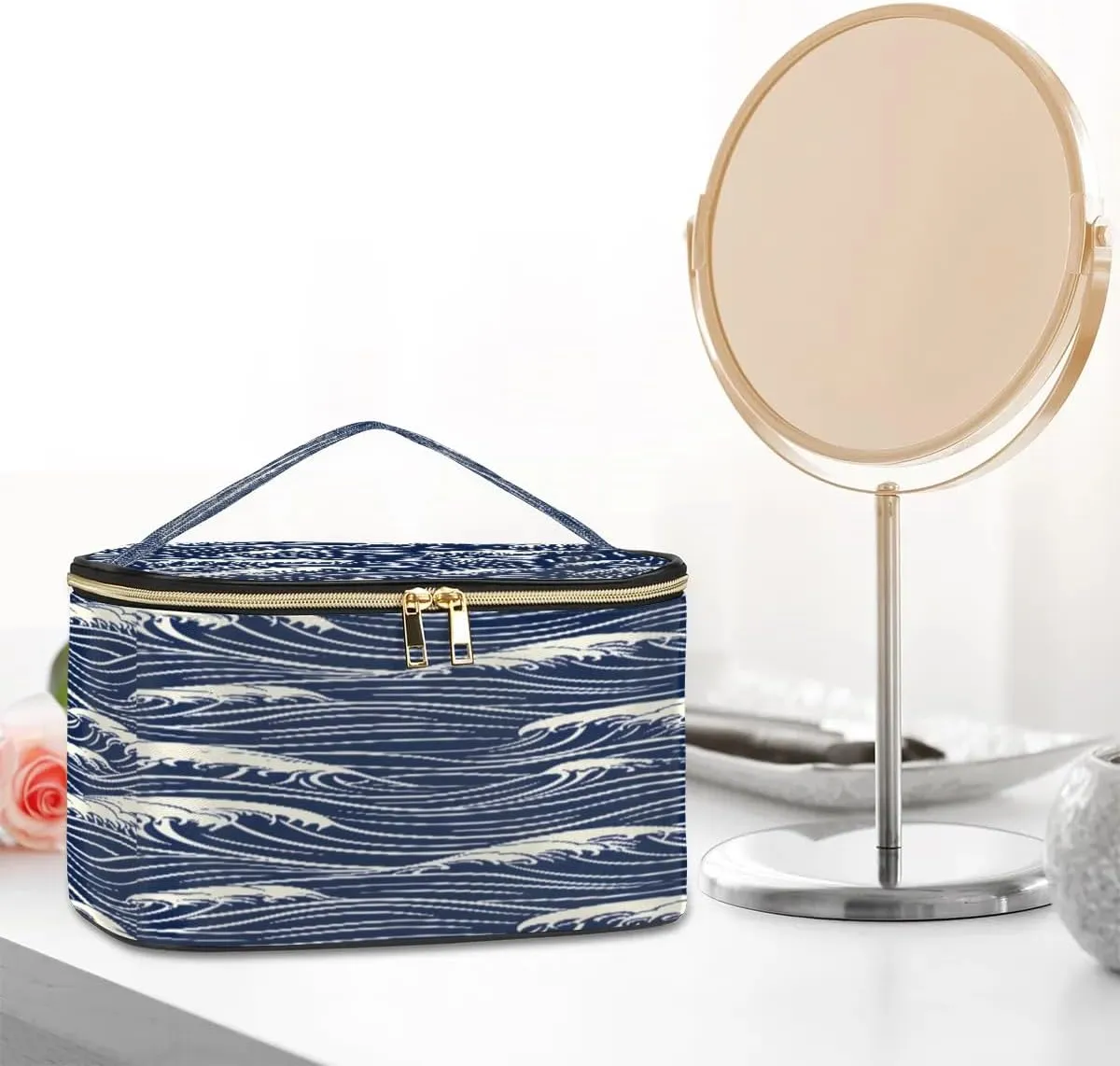 Travel Makeup Bag Seawater Print PU Large Capacity Cosmetic Bag for Women Portable Cosmetic Bag with Handle for Girls Wedding Makeup Brushes