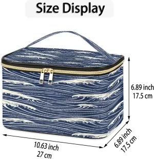 Travel Makeup Bag Seawater Print PU Large Capacity Cosmetic Bag for Women Portable Cosmetic Bag with Handle for Girls Wedding Makeup Brushes