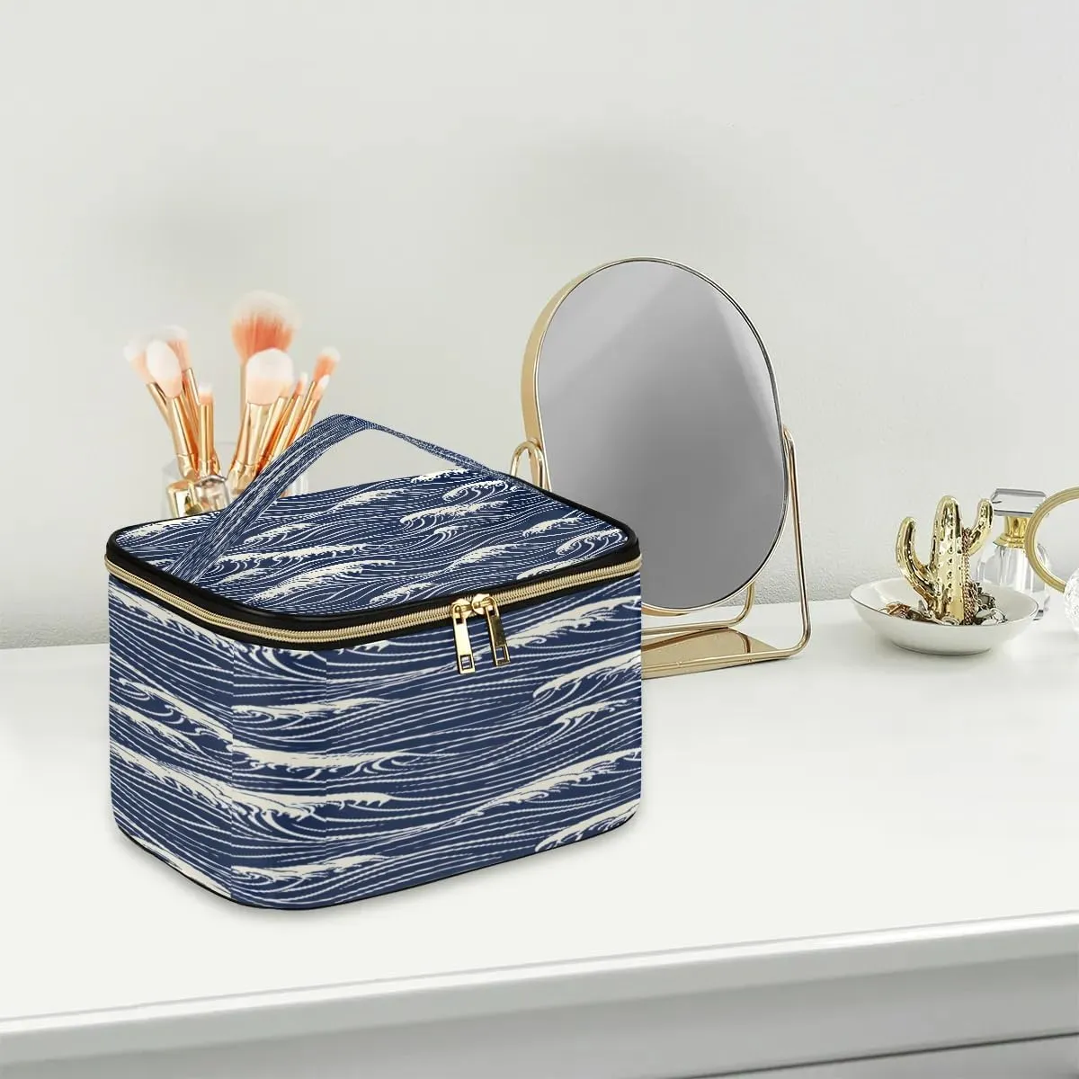 Travel Makeup Bag Seawater Print PU Large Capacity Cosmetic Bag for Women Portable Cosmetic Bag with Handle for Girls Wedding Makeup Brushes
