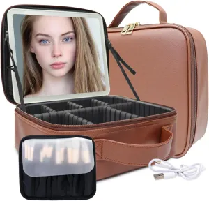 Travel Makeup Bag with LED Mirror and Light Travel Makeup Case Cosmetic Organizer Portable Cosmetic Brush Organizer Bag with Adjustable Dividers for Cosmetics Makeup Brushes Toiletry(Dark Brown)