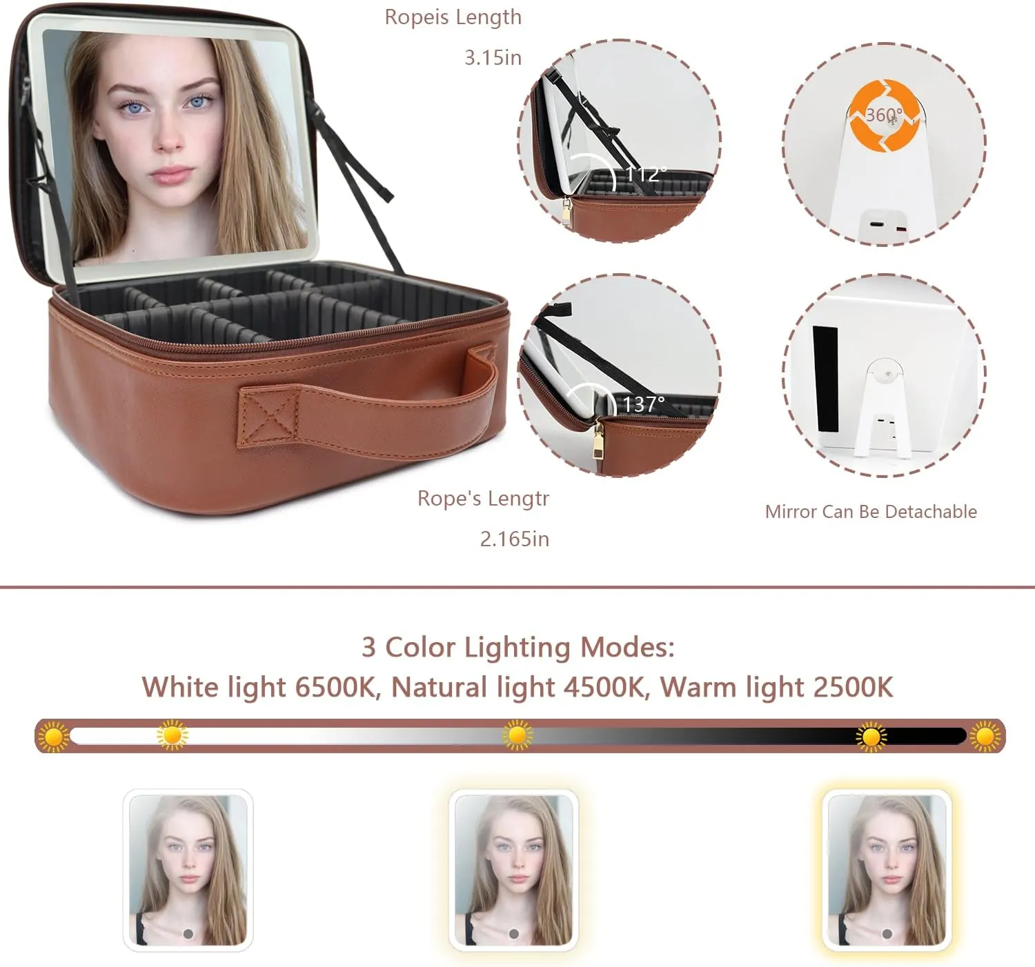 Travel Makeup Bag with LED Mirror and Light Travel Makeup Case Cosmetic Organizer Portable Cosmetic Brush Organizer Bag with Adjustable Dividers for Cosmetics Makeup Brushes Toiletry(Dark Brown)