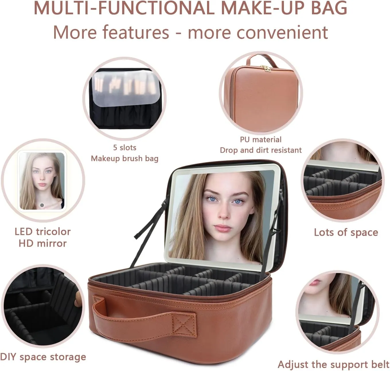 Travel Makeup Bag with LED Mirror and Light Travel Makeup Case Cosmetic Organizer Portable Cosmetic Brush Organizer Bag with Adjustable Dividers for Cosmetics Makeup Brushes Toiletry(Dark Brown)