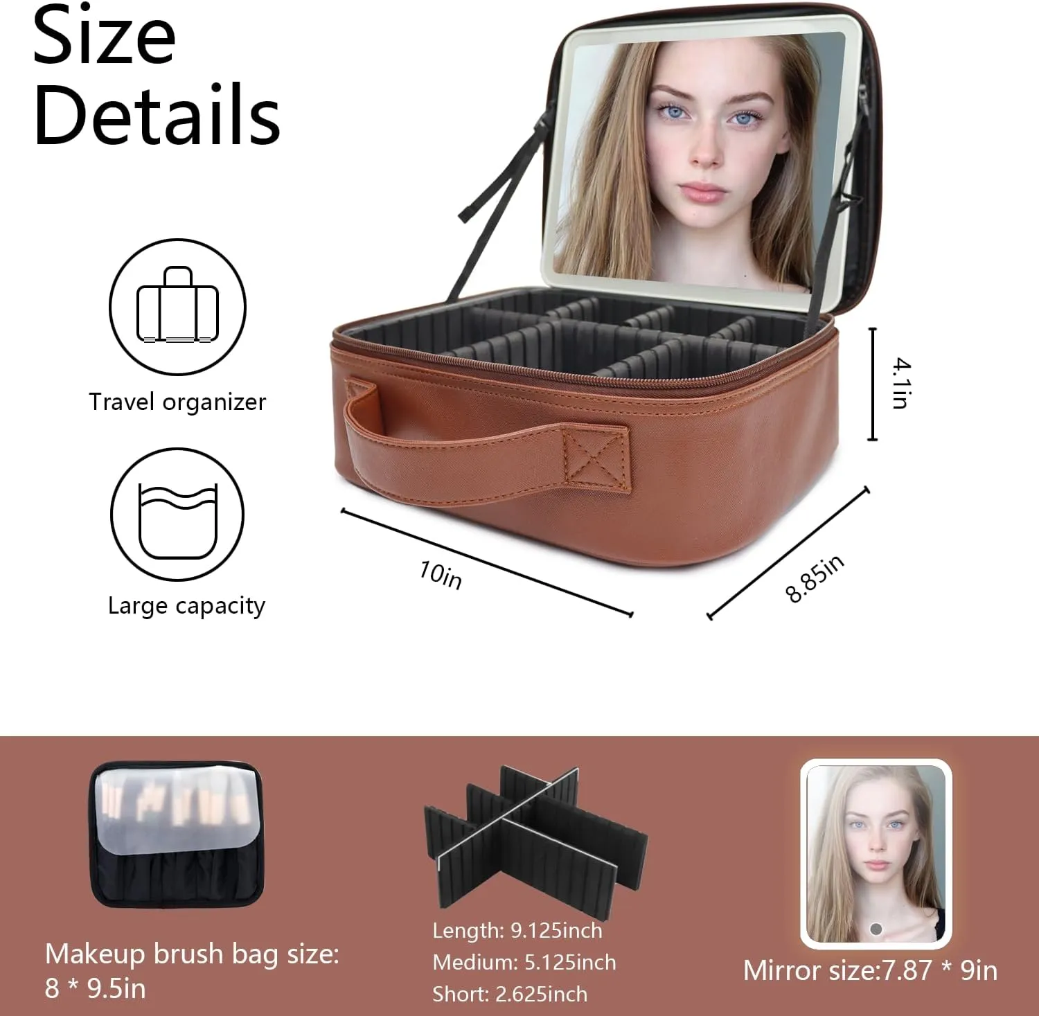 Travel Makeup Bag with LED Mirror and Light Travel Makeup Case Cosmetic Organizer Portable Cosmetic Brush Organizer Bag with Adjustable Dividers for Cosmetics Makeup Brushes Toiletry(Dark Brown)