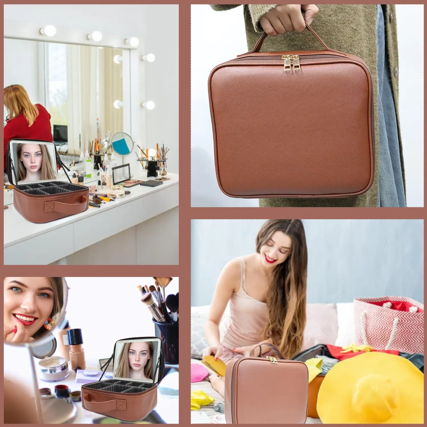 Travel Makeup Bag with LED Mirror and Light Travel Makeup Case Cosmetic Organizer Portable Cosmetic Brush Organizer Bag with Adjustable Dividers for Cosmetics Makeup Brushes Toiletry(Dark Brown)