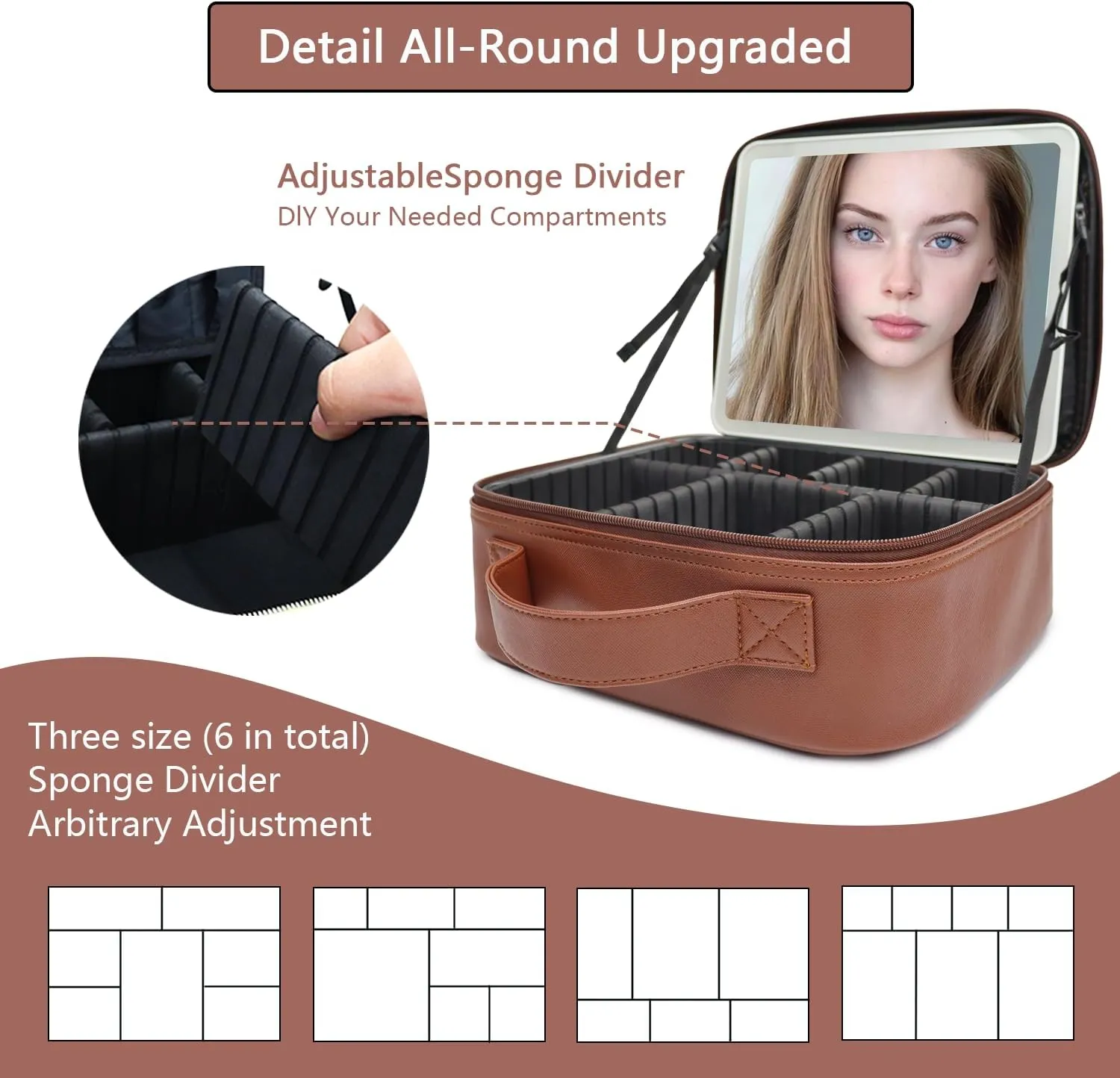 Travel Makeup Bag with LED Mirror and Light Travel Makeup Case Cosmetic Organizer Portable Cosmetic Brush Organizer Bag with Adjustable Dividers for Cosmetics Makeup Brushes Toiletry(Dark Brown)