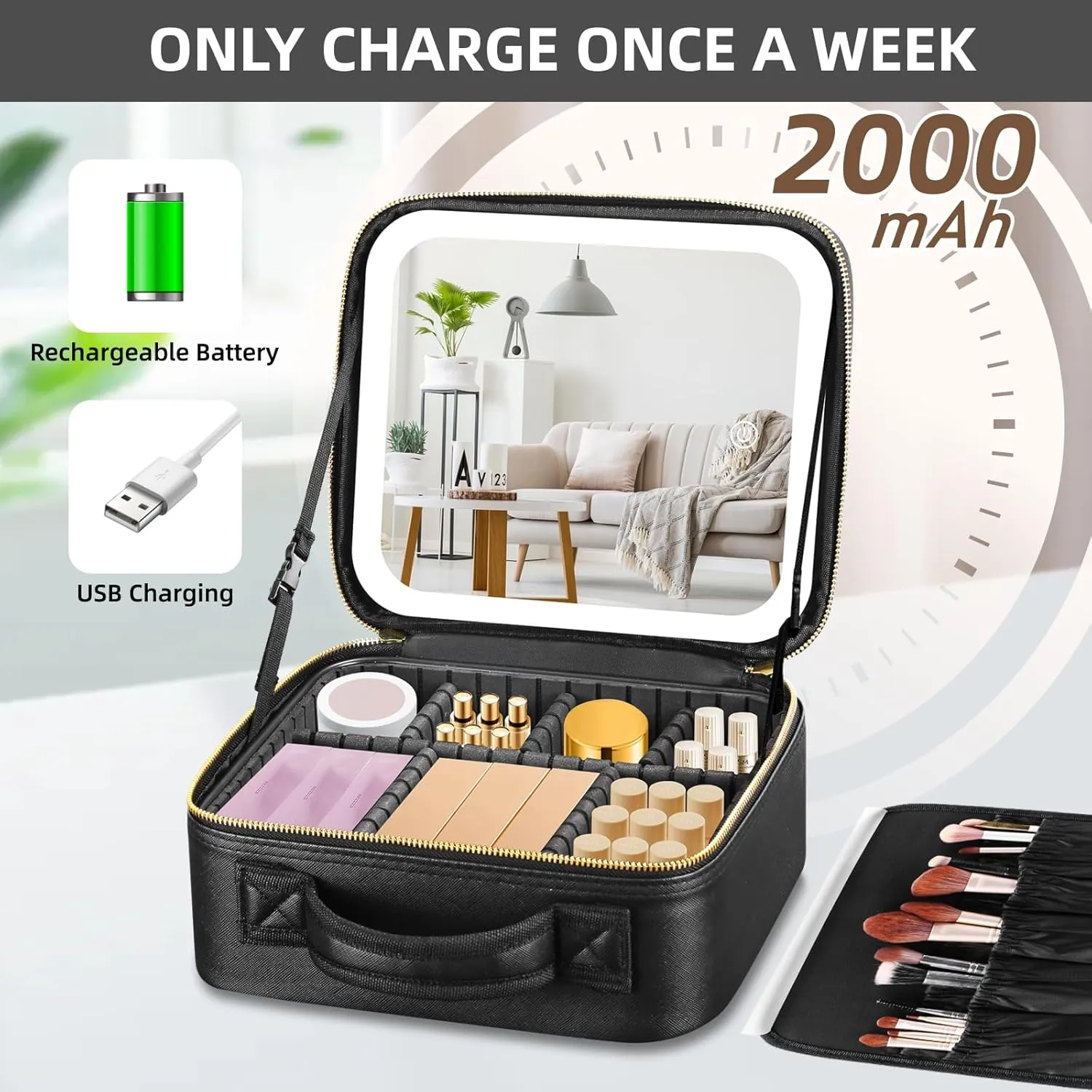 Travel Makeup Bag with Mirror of LED Lighted, Makeup Train Case with Adjustable Dividers, Makeup Case with Mirror and Detachable 10x Magnifying Mirror