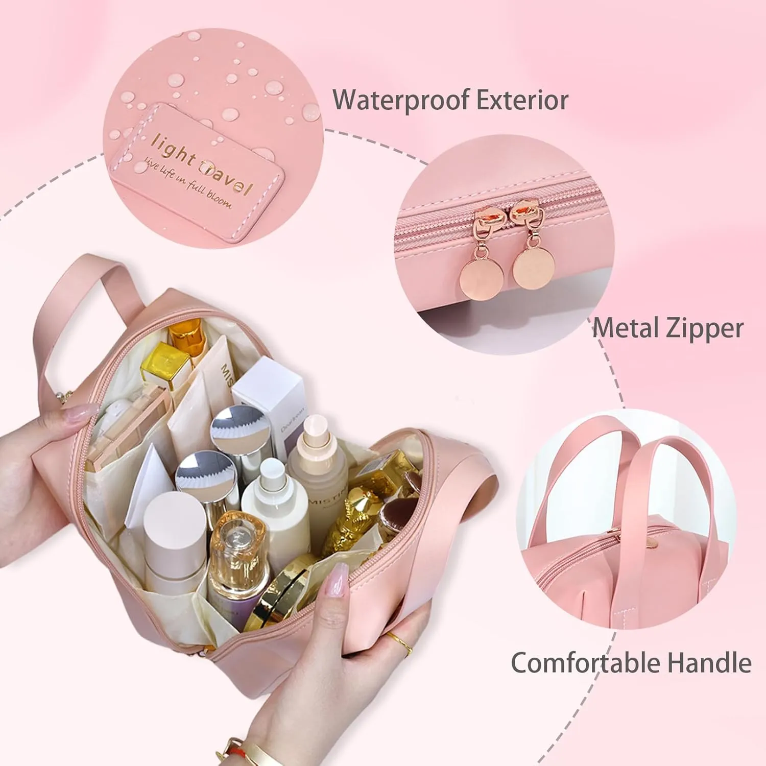 Travel Makeup Bag,Travel Cosmetic Bags, Waterproof Cosmetic Bag, PU Leather Handheld Cosmetic Organizer with Top Handle (Pink)