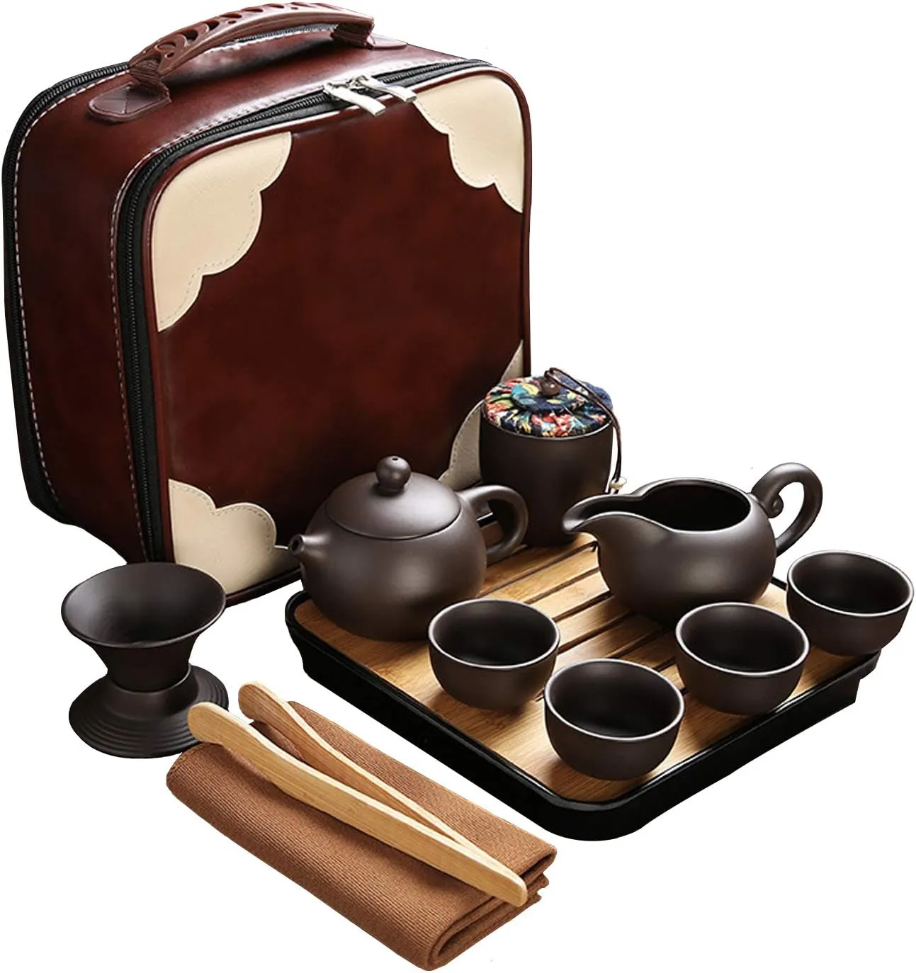 Travel Tea Sets 12 PACK Ceramic Teapot, Chinese Tea Pot Cup Set with Tray Infuser,Purple Clay Teapot,Teacups,Tea Canister,Bamboo Tray in One Tea Gift Bag for Outdoor Home Business