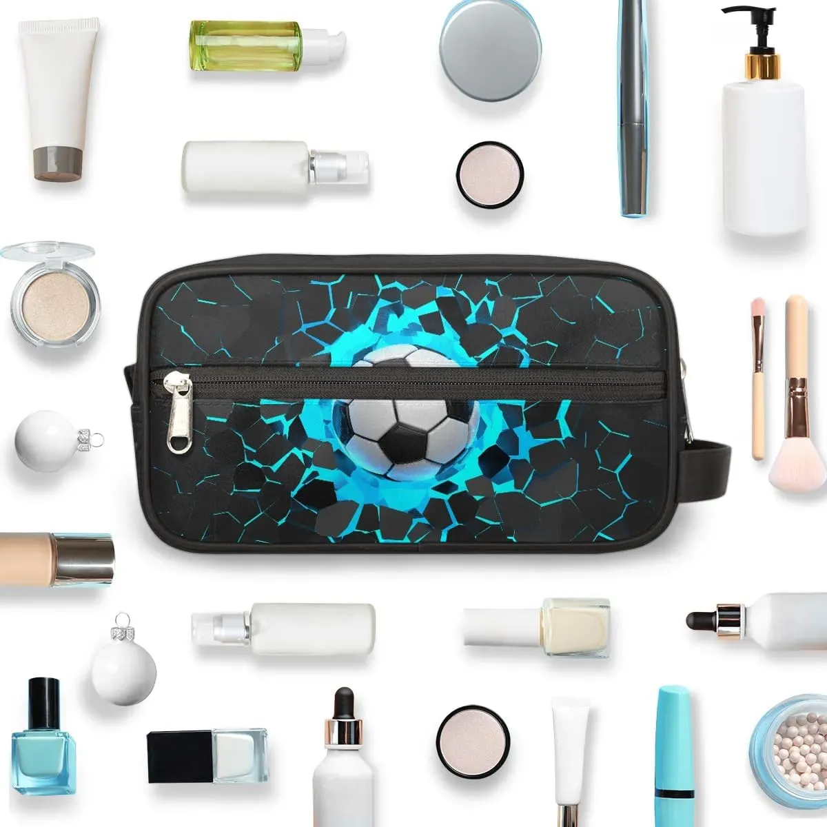 Travel Toiletry Bag for Boys Kids, Blue 3D Soccer Waterproof Hanging Dopp Kit for Men, Shaving Bag with Large Capacity for Travel, Sports, Shower