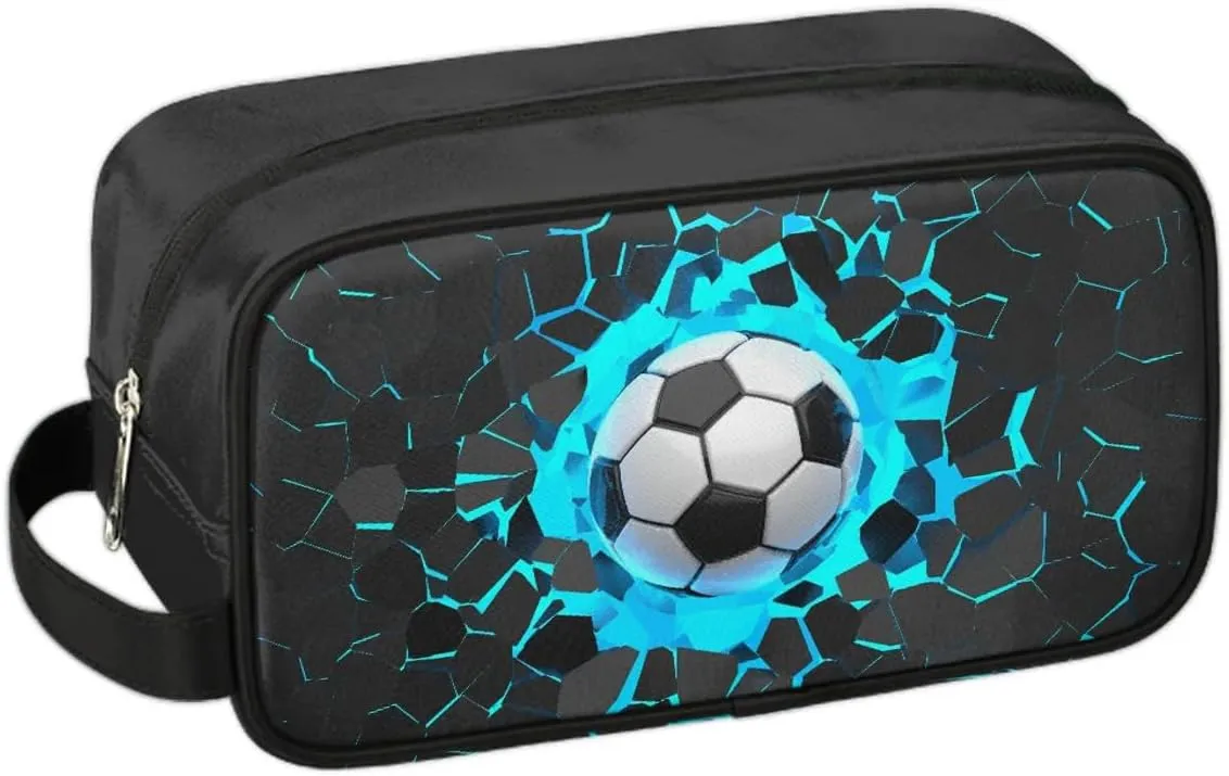 Travel Toiletry Bag for Boys Kids, Blue 3D Soccer Waterproof Hanging Dopp Kit for Men, Shaving Bag with Large Capacity for Travel, Sports, Shower