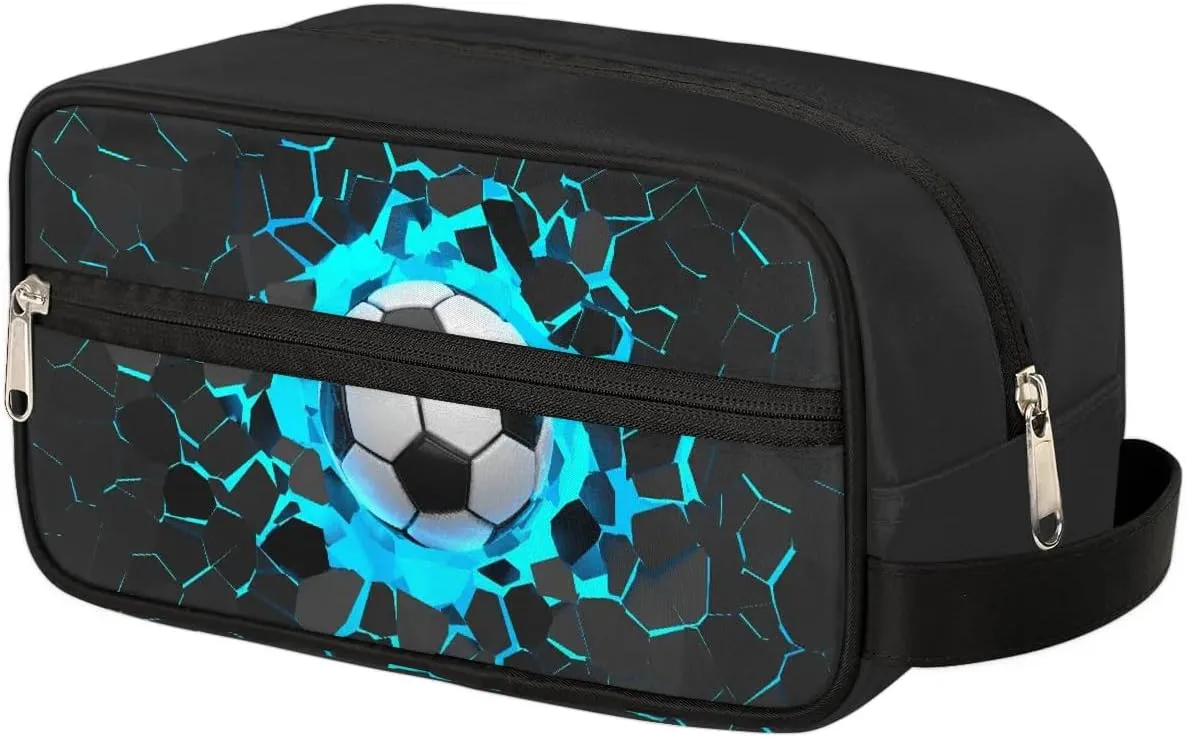 Travel Toiletry Bag for Boys Kids, Blue 3D Soccer Waterproof Hanging Dopp Kit for Men, Shaving Bag with Large Capacity for Travel, Sports, Shower
