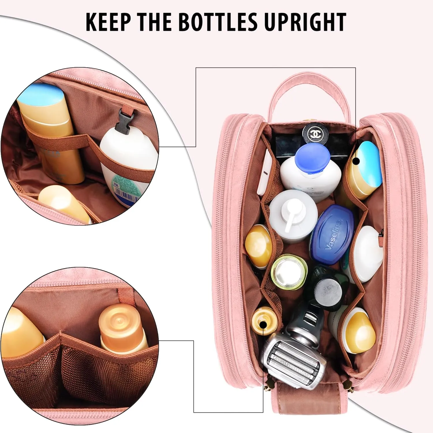 Travel Toiletry Bag for Women, Large Hanging Toiletries Organizer Bags for Man, Cruise Ship Essentials, Water-resistant Shaving Case, PU Leather Makeup Accessories, Cosmetic Dopp Kit, Pink