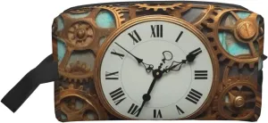 Travel Toiletry Bag for Women Men Leather Makeup Bag Large Portable Travel Organizer Rusty Steampunk Clock Cosmetic Bag with Hanging Hook Travel Bathroom Bag Zipper Pouch Purse