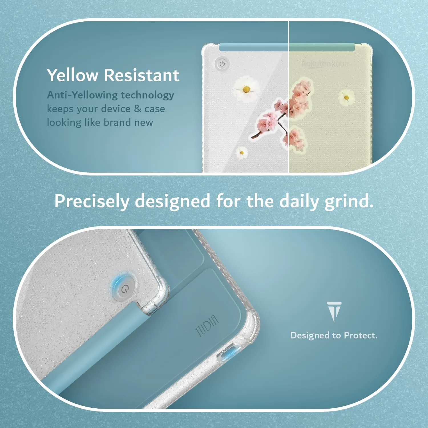 TUDIA SKN FLIP Designed for Kobo Libra Colour Case (2024) - [Auto Wake/Sleep Technology] Shockproof Slim Transparent TPU Back with Trifold Leather eReader Cover - Glitter Sky Blue