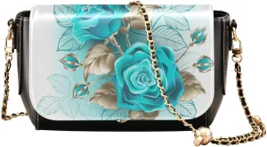 Turquoise Roses with Stems Crossbody Bags for Women, Trendy Small Shoulder Bag, PU Leather Clutch Purse Underarm Handbag Satchel HandBag with Adjustable Metal Chain