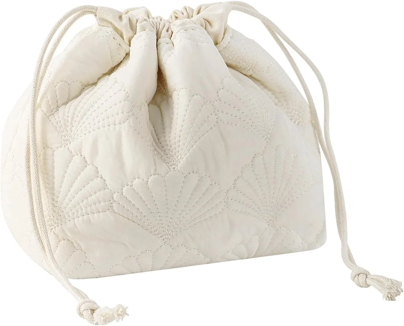 uekeboag White Shells Drawstring Quilted Cotton Makeup Pouch,Coquette Quilted Toiletry Bag for Women and Girls, Floral Coquette Organizer Bag, Aesthetic Travel Cosmetic Bags(White Shells Drawstring)