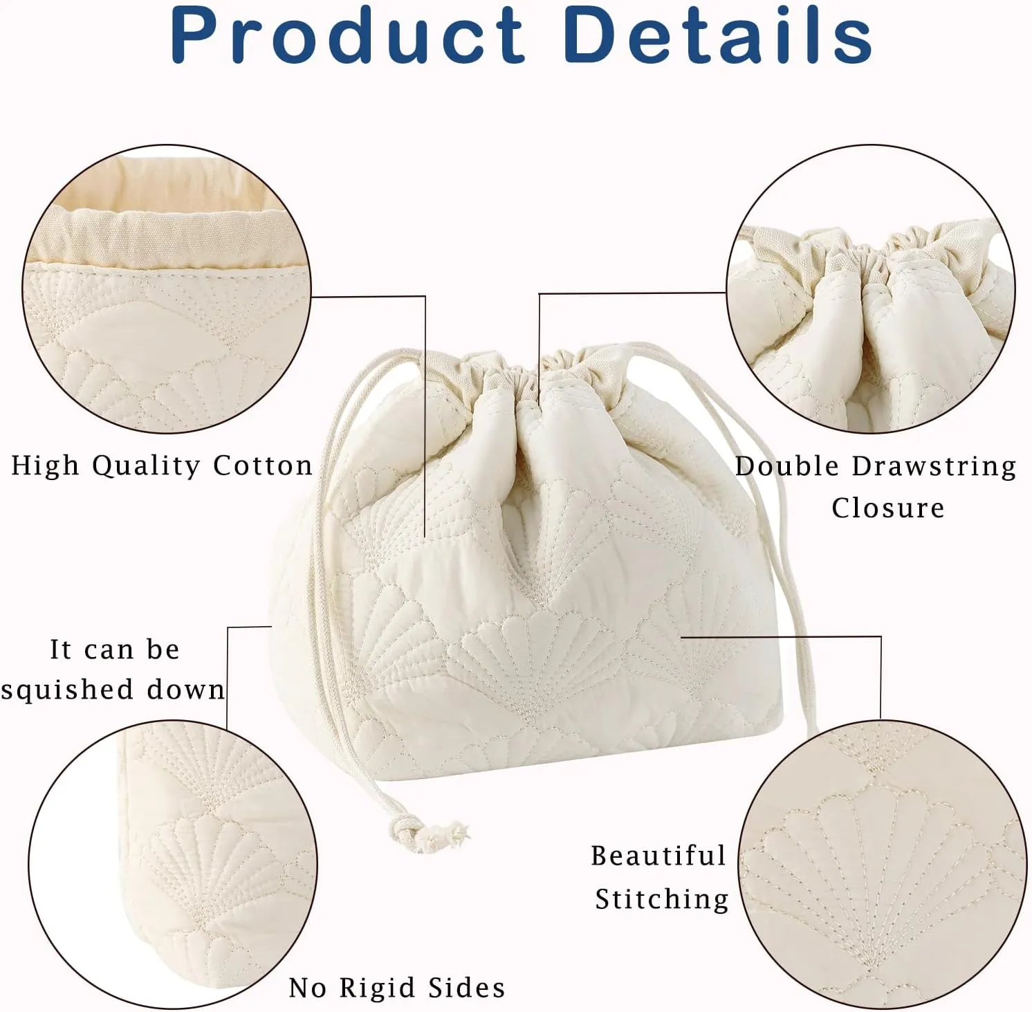 uekeboag White Shells Drawstring Quilted Cotton Makeup Pouch,Coquette Quilted Toiletry Bag for Women and Girls, Floral Coquette Organizer Bag, Aesthetic Travel Cosmetic Bags(White Shells Drawstring)