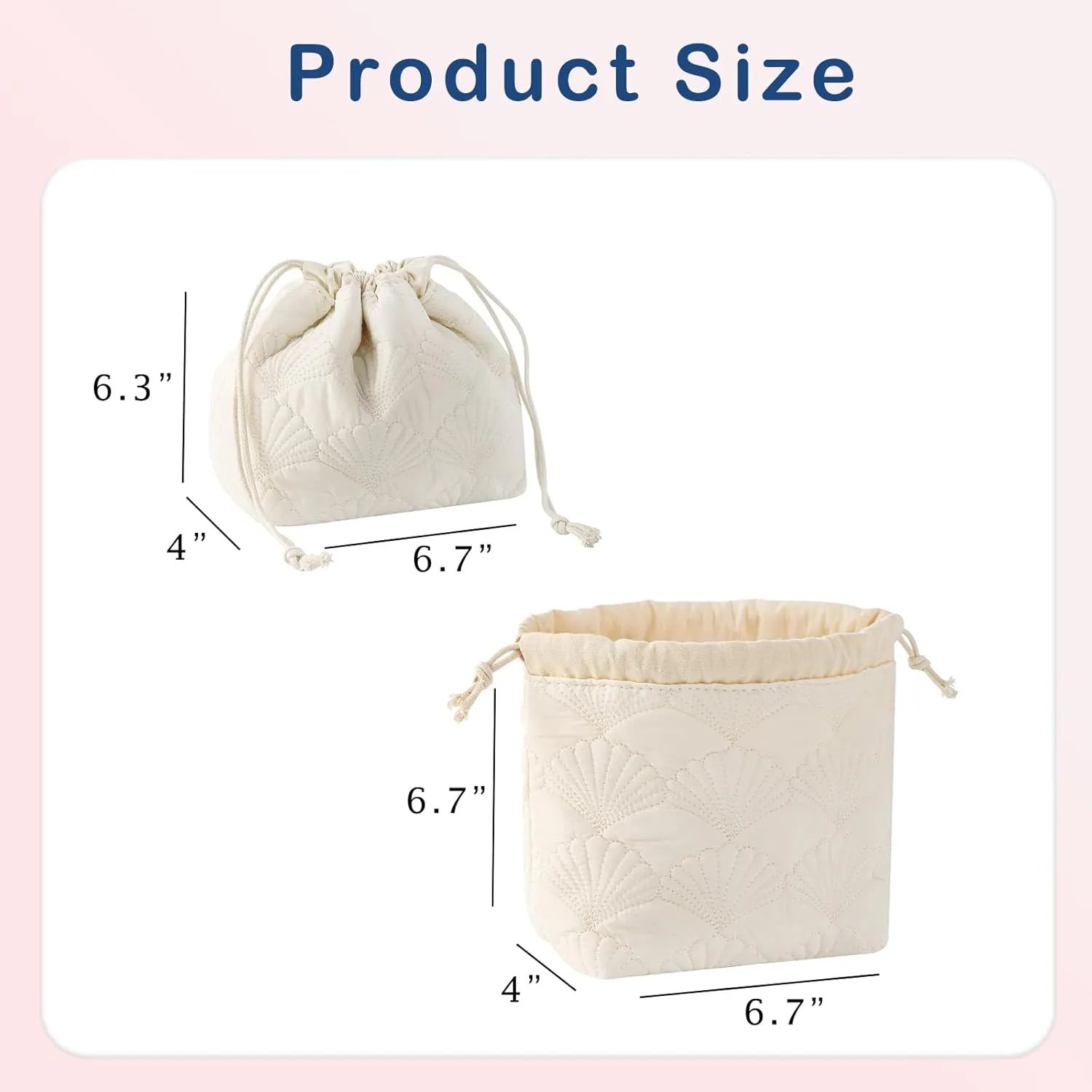 uekeboag White Shells Drawstring Quilted Cotton Makeup Pouch,Coquette Quilted Toiletry Bag for Women and Girls, Floral Coquette Organizer Bag, Aesthetic Travel Cosmetic Bags(White Shells Drawstring)