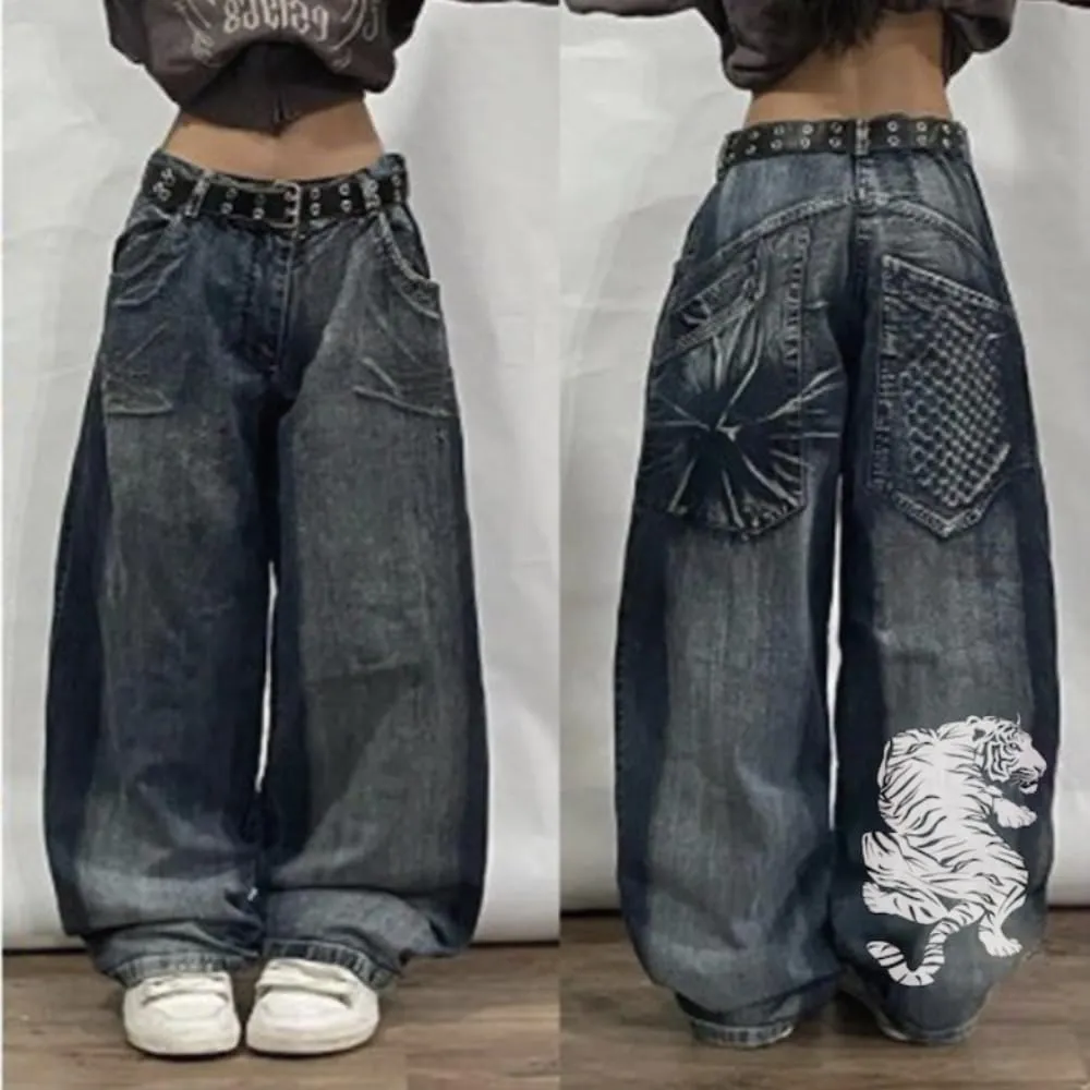 Unisex Y2K Hip Hop Street Jeans with Skeleton Print, Gothic Baggy Jeans, Vintage High Waist Denim, Wide Leg Pants