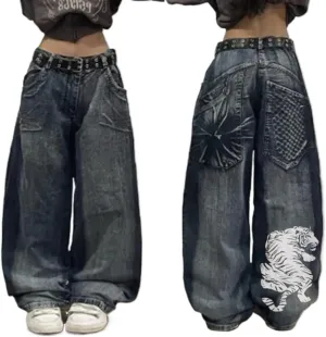Unisex Y2K Hip Hop Street Jeans with Skeleton Print, Gothic Baggy Jeans, Vintage High Waist Denim, Wide Leg Pants