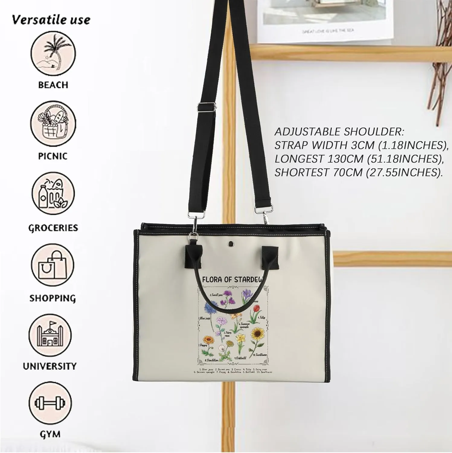 Valley Game Inspired Flora Of Star-dew Tote Bag - Pelican Town Flowers Vintage Botanical Shoulder Bag - Farm Sim Gift