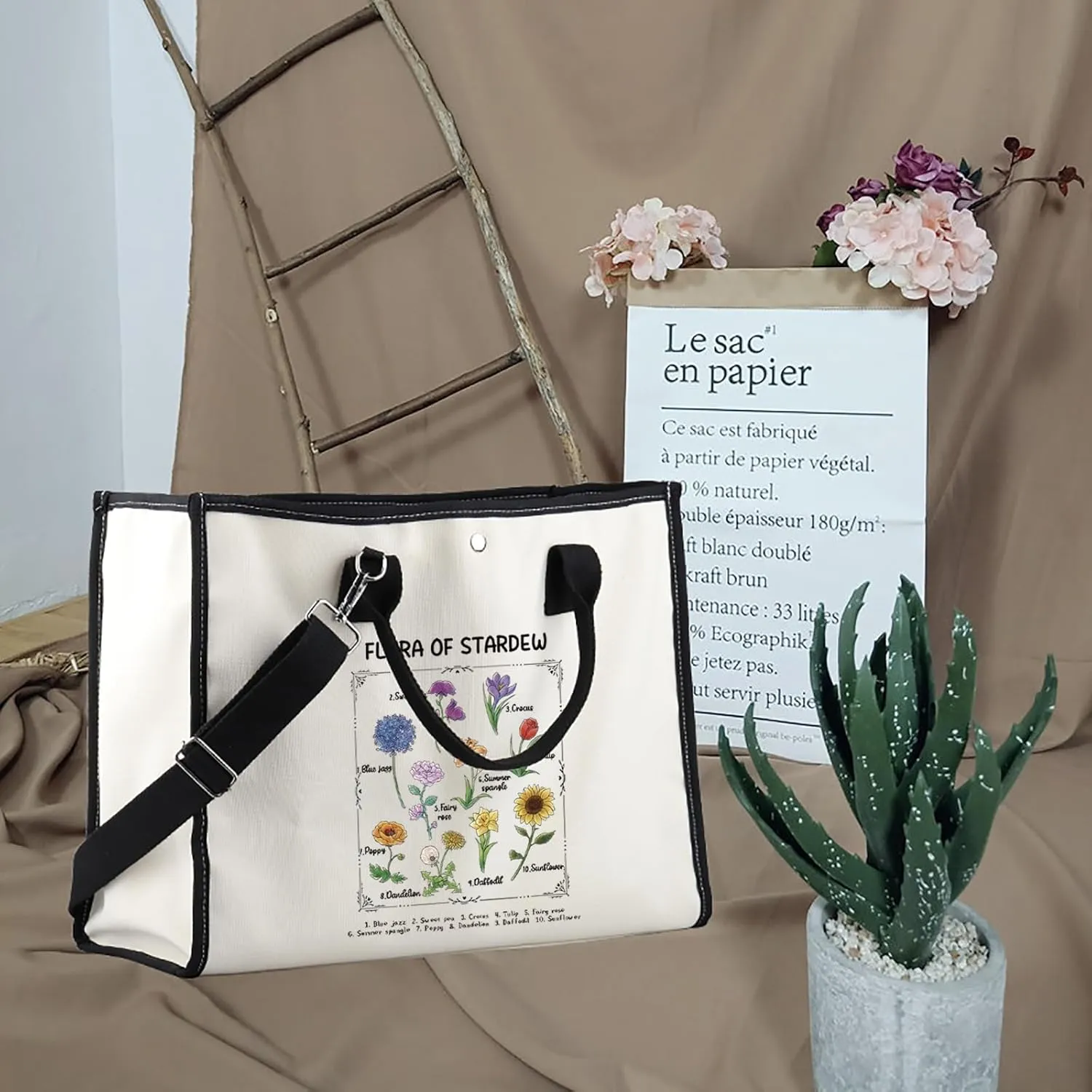 Valley Game Inspired Flora Of Star-dew Tote Bag - Pelican Town Flowers Vintage Botanical Shoulder Bag - Farm Sim Gift