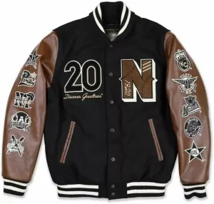Varsity Jacket, Black with Brown Leather Sleeves, Embroidered Baseball Style, Long Sleeve