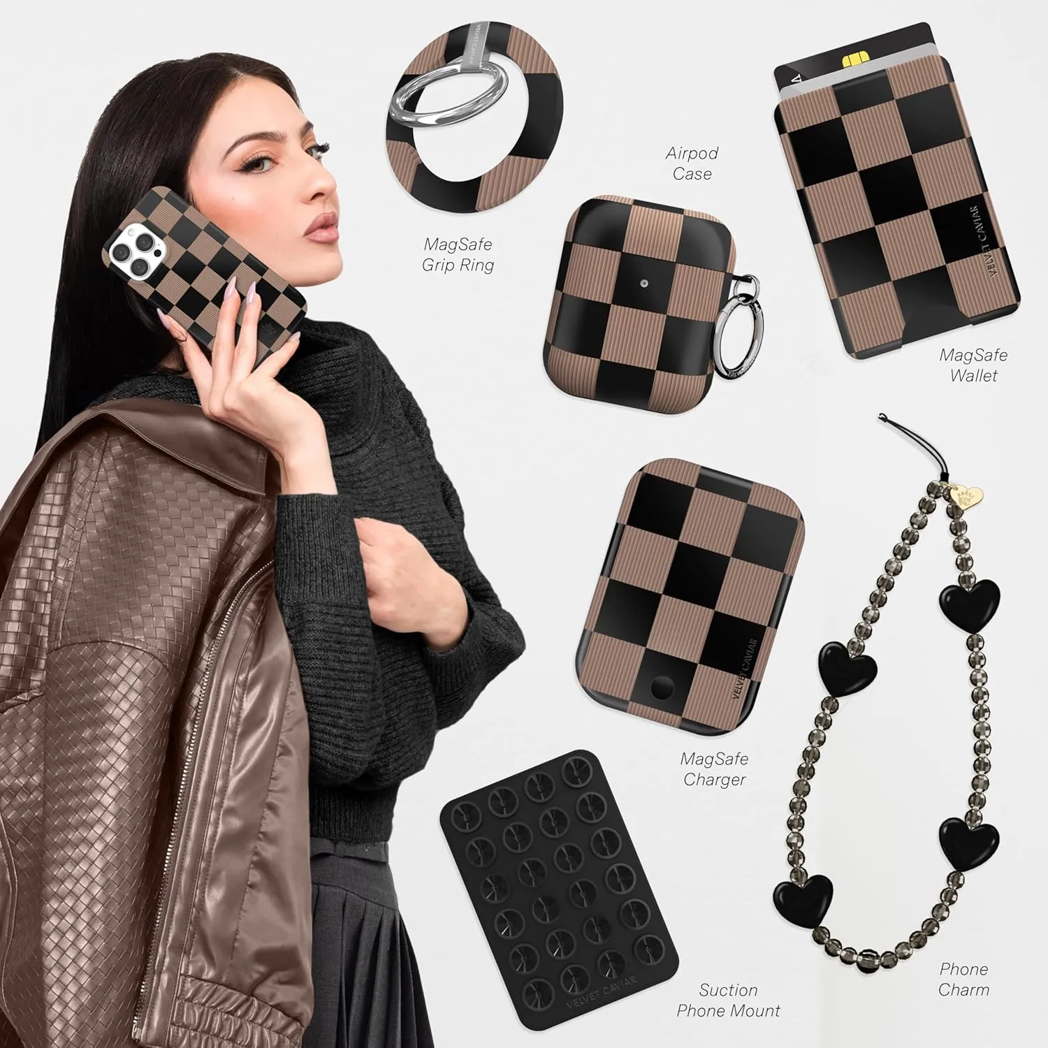 VELVET CAVIAR Checkered Phone Case for iPhone 16 Pro - Compatible with MagSafe [10ft Drop Tested] - Cute Protective Cover for Women - Mocha Brown Black