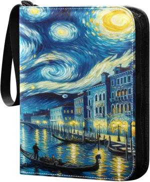 Venice Starry Night Oil Painting Card Binder 4 Pocket Collector Card Holder with Sleeves Trading Card 3 Ring Binder