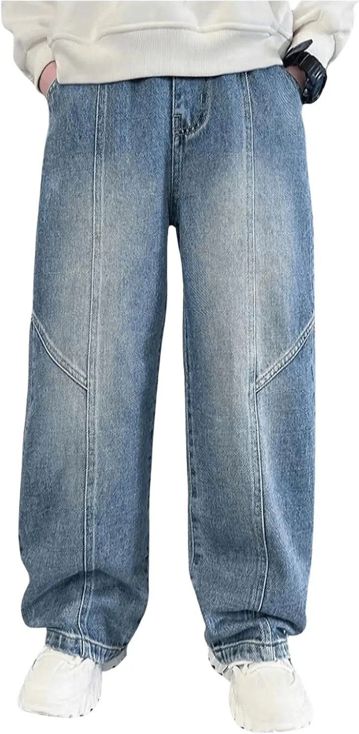 Verdusa Boy's Baggy Straight Leg Denim Pants Loose Vintage Cargo Jeans with Pockets