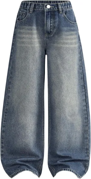 Verdusa Girl's Vintage Wide Leg Baggy Jeans Loose Denim Pants with Pockets