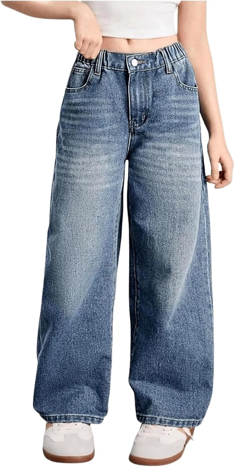 Verdusa Girl's Vintage Wide Leg Baggy Jeans Loose Denim Pants with Pockets