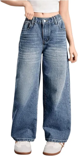 Verdusa Girl's Vintage Wide Leg Baggy Jeans Loose Denim Pants with Pockets