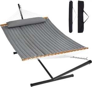 VEVOR Double Hammock with Stand, Heavy Duty 2 Person Hammocks with 12FT Portable Steel Stand, Hardwood Spreader Bar, Pillow & Storage Bag for Outdoors, Backyard, Patio 480lbs Capacity