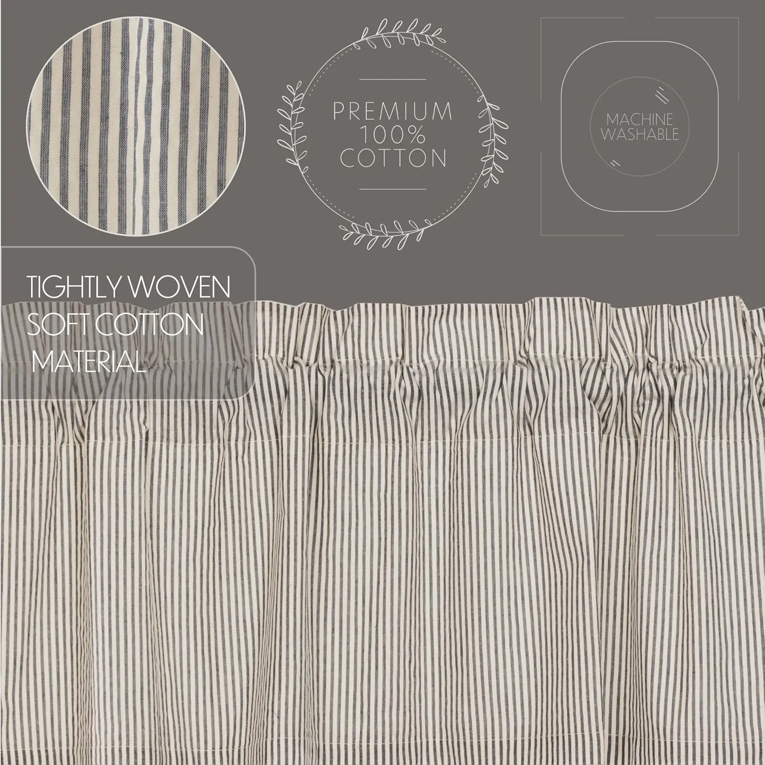 VHC Brands Hatteras Seersucker Ticking Striped Cotton Americana Kitchen Curtains Rod Pocket Hanging Loops 16x60 Valance, Denim Blue
