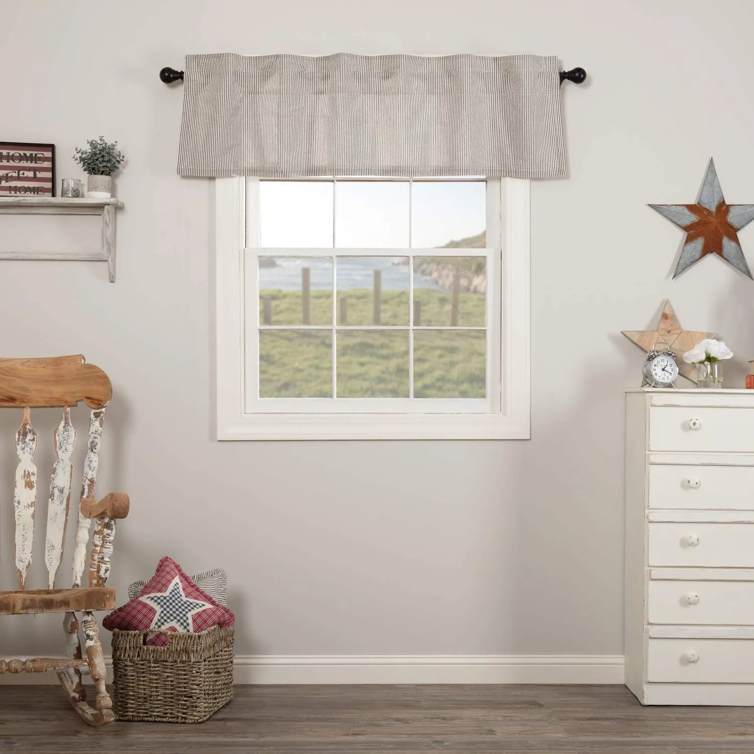 VHC Brands Hatteras Seersucker Ticking Striped Cotton Americana Kitchen Curtains Rod Pocket Hanging Loops 16x60 Valance, Denim Blue