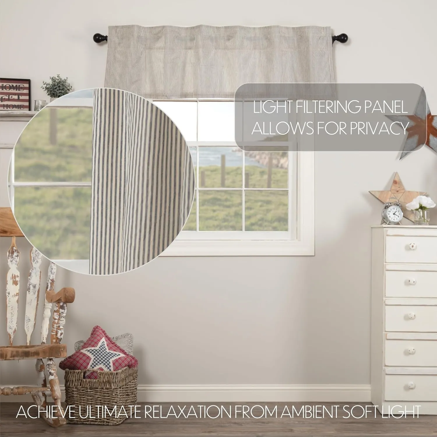 VHC Brands Hatteras Seersucker Ticking Striped Cotton Americana Kitchen Curtains Rod Pocket Hanging Loops 16x60 Valance, Denim Blue