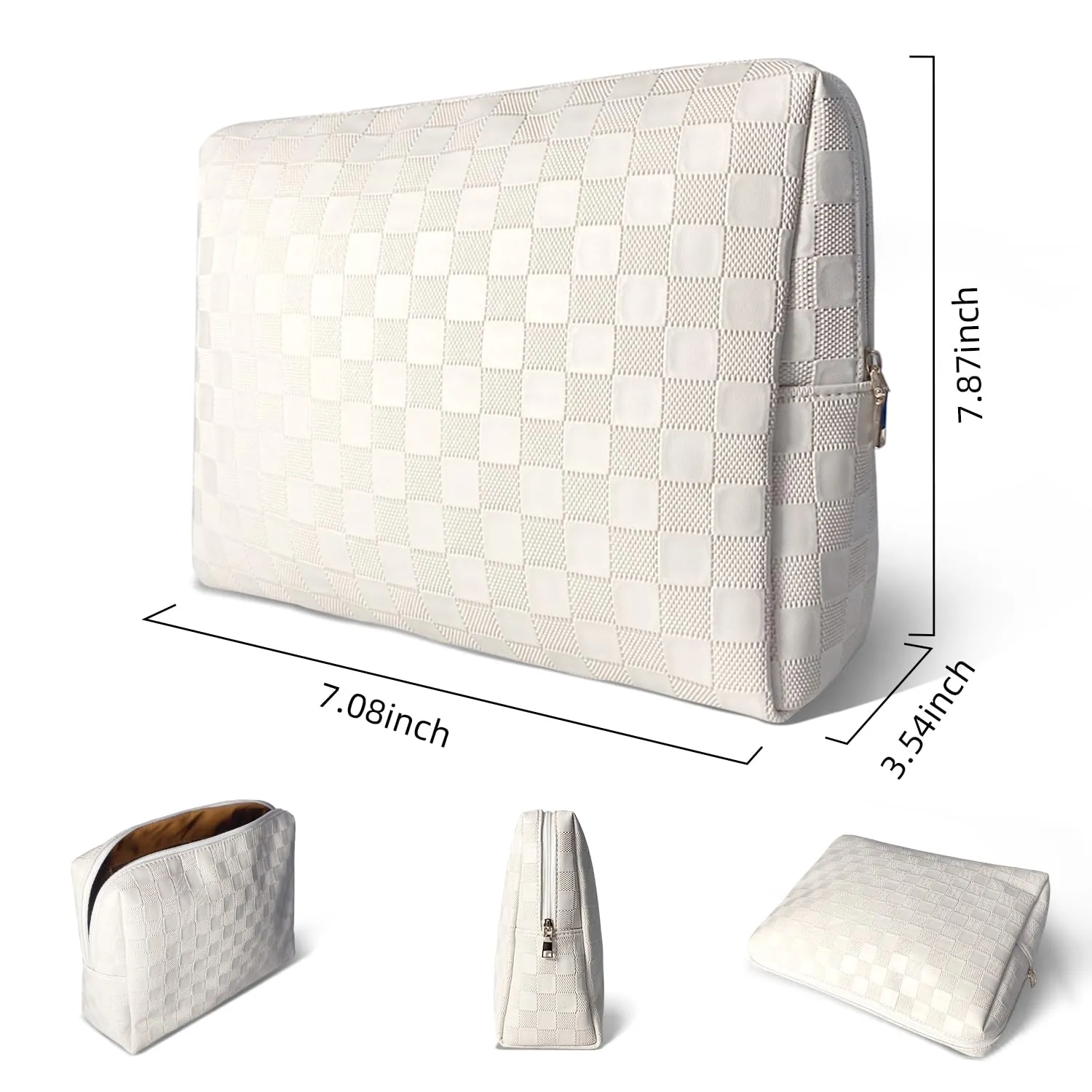 vhivhias Checkered Makeup Bag, Portabel Leather Large Cosmetic Bag,Large Capacity Travel Cosmetic Bag for Women, Lightweight Design and Waterproof Toiletries Bag White
