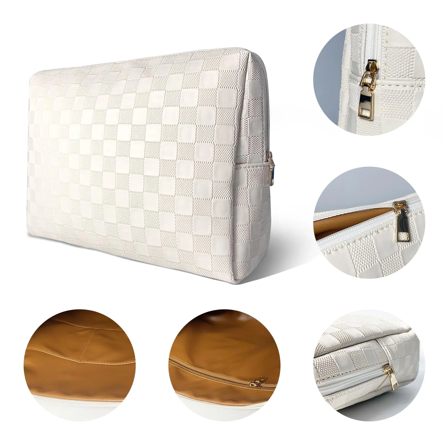 vhivhias Checkered Makeup Bag, Portabel Leather Large Cosmetic Bag,Large Capacity Travel Cosmetic Bag for Women, Lightweight Design and Waterproof Toiletries Bag White
