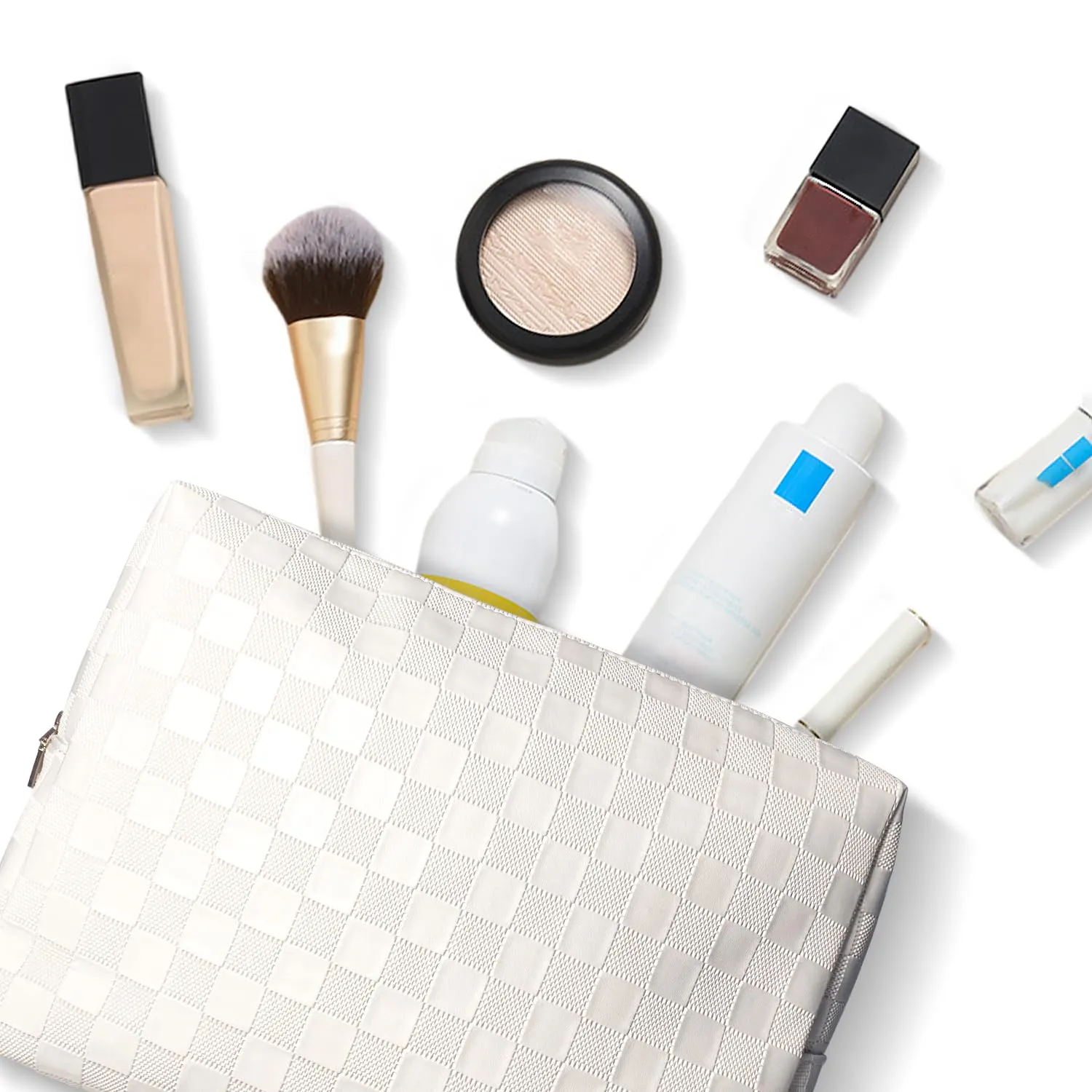 vhivhias Checkered Makeup Bag, Portabel Leather Large Cosmetic Bag,Large Capacity Travel Cosmetic Bag for Women, Lightweight Design and Waterproof Toiletries Bag White
